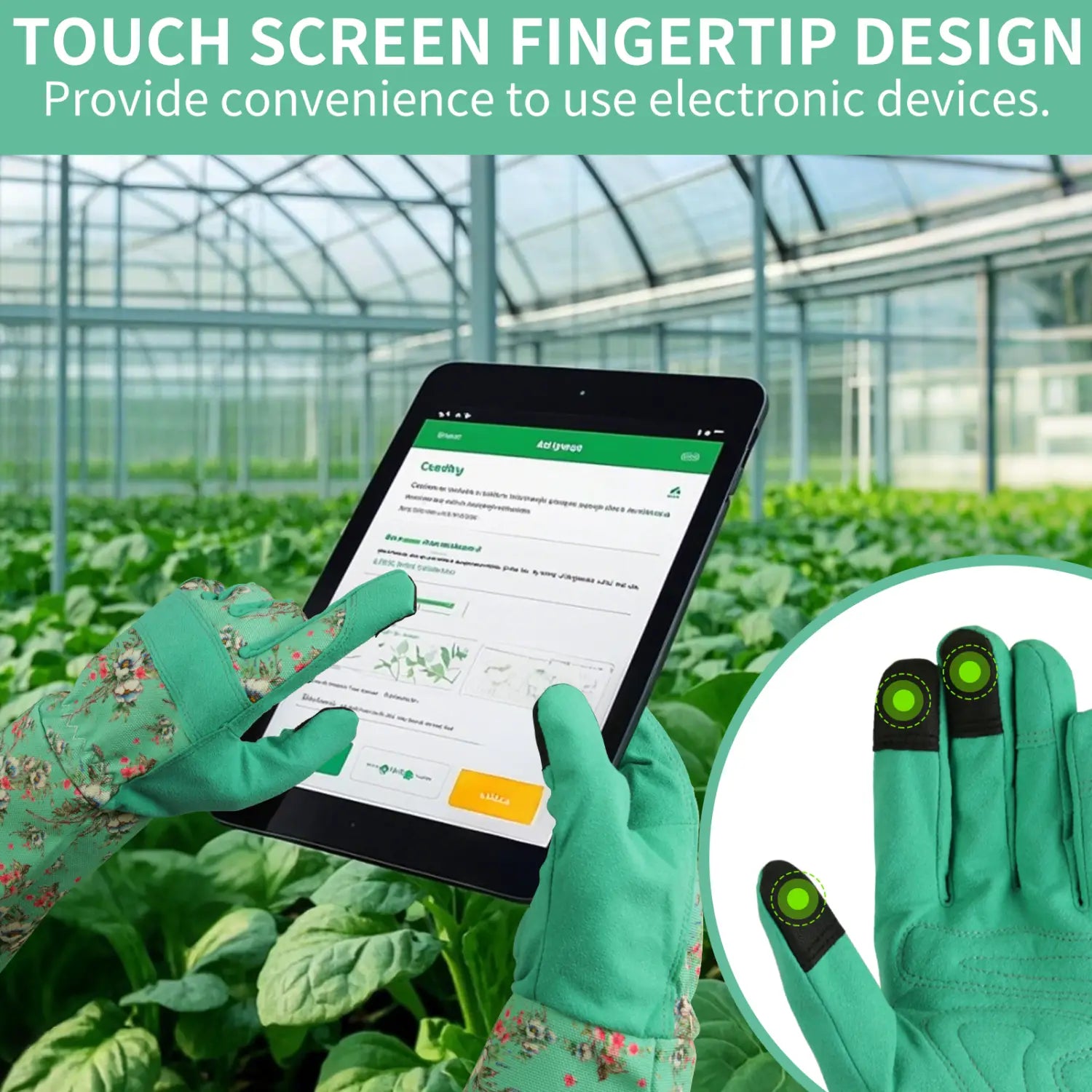 Gants de jardinage respirants anti-épines pour femmes, à bout de doigt écran tactile turquoise et à motif floral vert, conçus pour une utilisation avec des appareils électroniques dans un environnement de serre, présentant la face arrière du produit.
