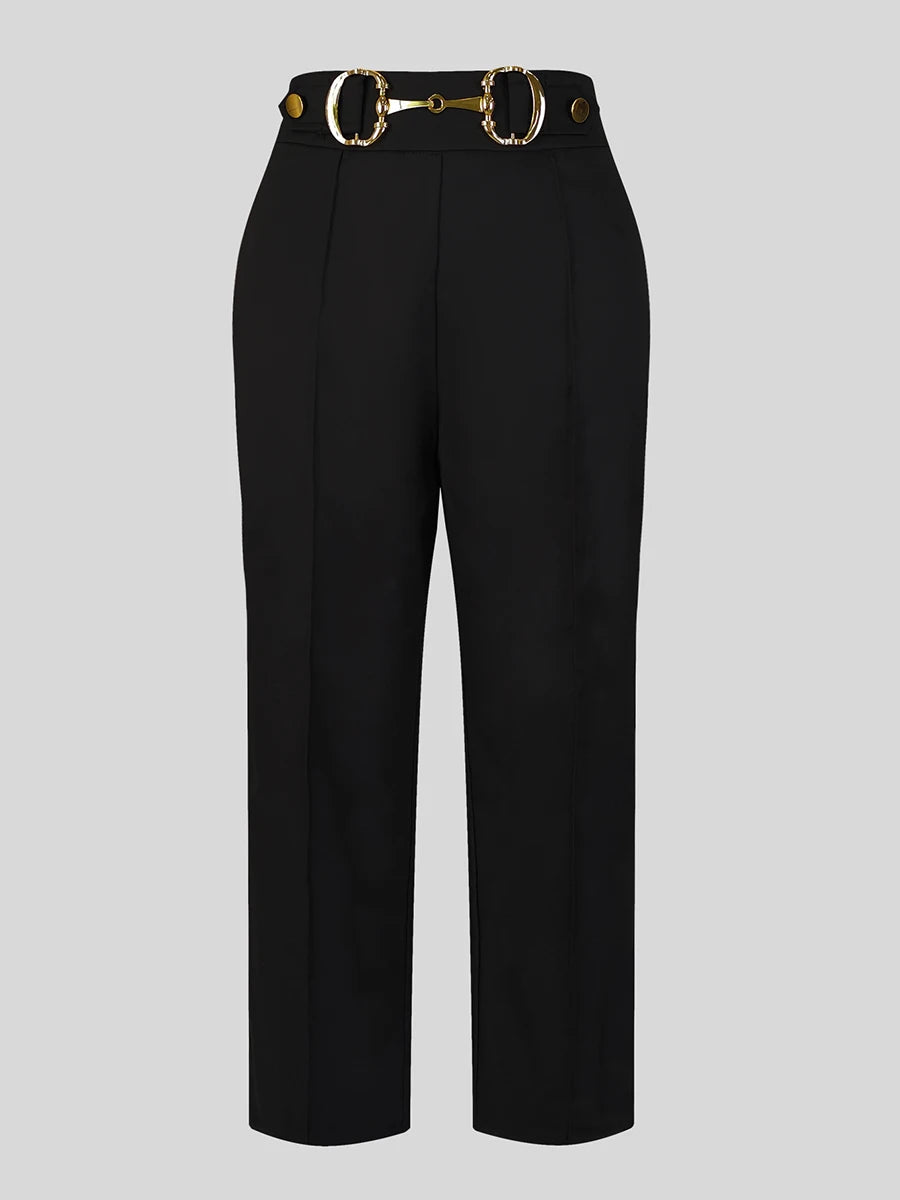 Wide Leg High-Waisted Trousers for Women, Elegant Black Office Pants with Gold Buckle, Professional Business Formal Trousers