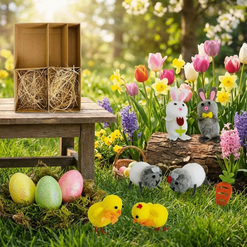 Handmade felt Easter egg and chick figurine gift set featuring white and gray plush bunny figurines with pink ears and red tulip accents standing on a log amidst spring flowers.