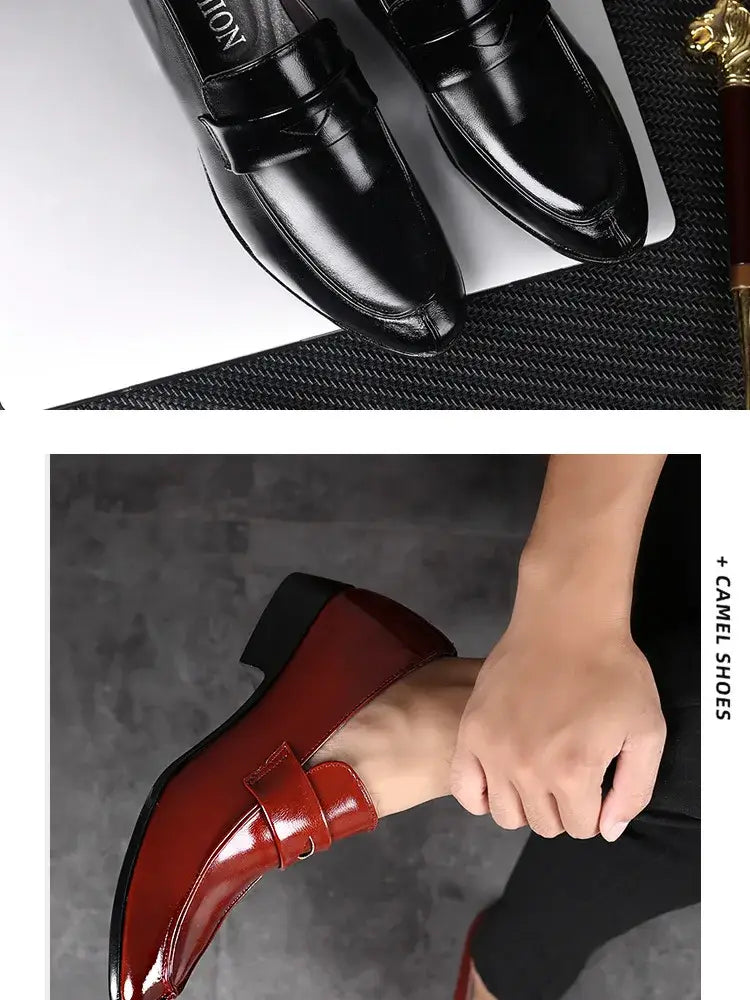 Black patent leather mens business dress shoes with a sleek polished finish and classic slip-on design.