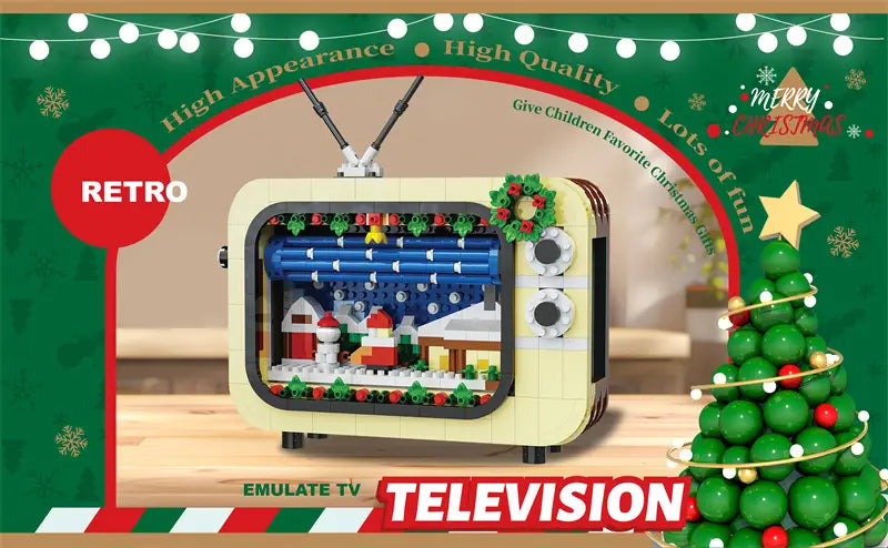 Televisor retro de estilo crema, fabricado con ladrillos de plástico entrelazables, con una escena navideña festiva que incluye a Papá Noel y casas cubiertas de nieve en un juguete de bloques de construcción de vacaciones de Christmas TV.