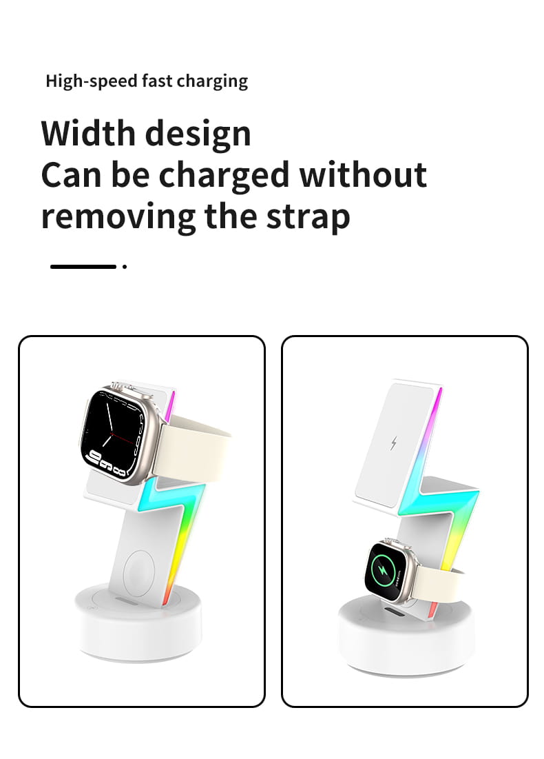 White wireless charging 3 in 1 rgb stand with a lightning bolt design and rainbow-colored accents featuring magnetic alignment and optimized wireless charging output power.