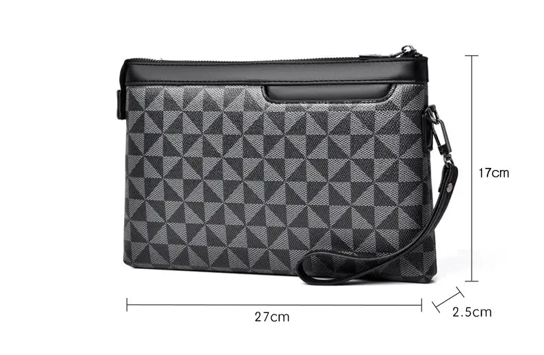 Black and gray pu leather men clutch bag with geometric pattern and wrist strap showcasing pocket interior.