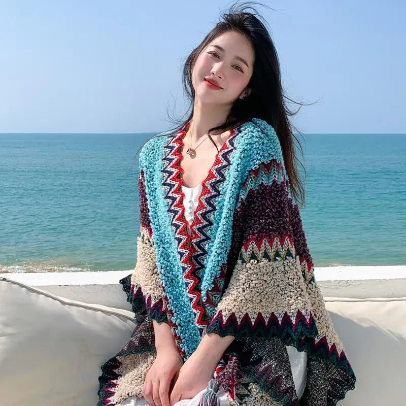 Ethnic Style Cape Oversized Sweater Jacket Women Fashion New Loose Patchwork Warm Long Scarf Knitted Cardigan Woman