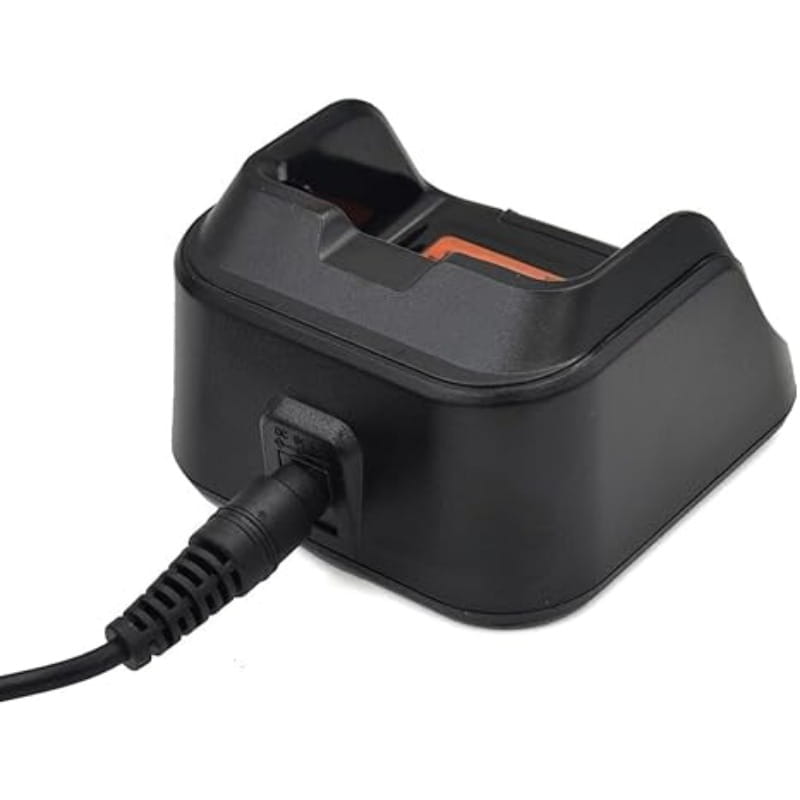 schwarzes Kunststoff-Desktop-Ladegerät ch10l23 mit spiralförmigem Netzkabel und orangefarbenem Akkuschacht, kompatibel mit Hytera BD502i, BD552i, BD612i-Modellen