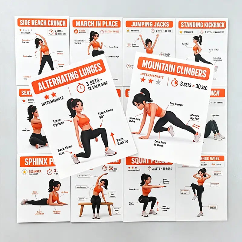White fitness workout instruction posters from the home workout exercise cards fitness guide set featuring illustrated women in orange tops and black leggings demonstrating various exercises.