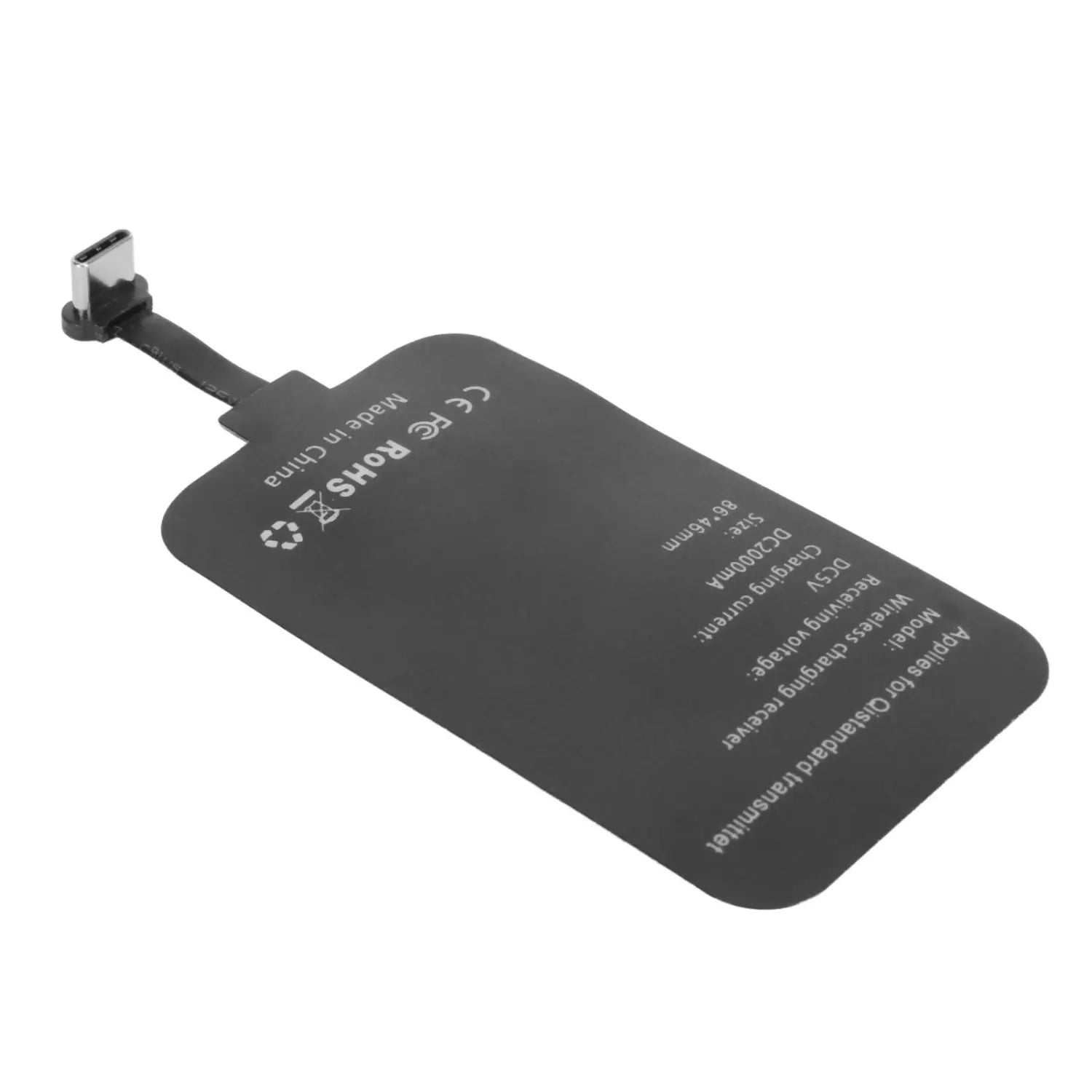 Black rectangular wireless charging receiver type-c 10w fast charger with usb-c connector and white printed specifications on the back side