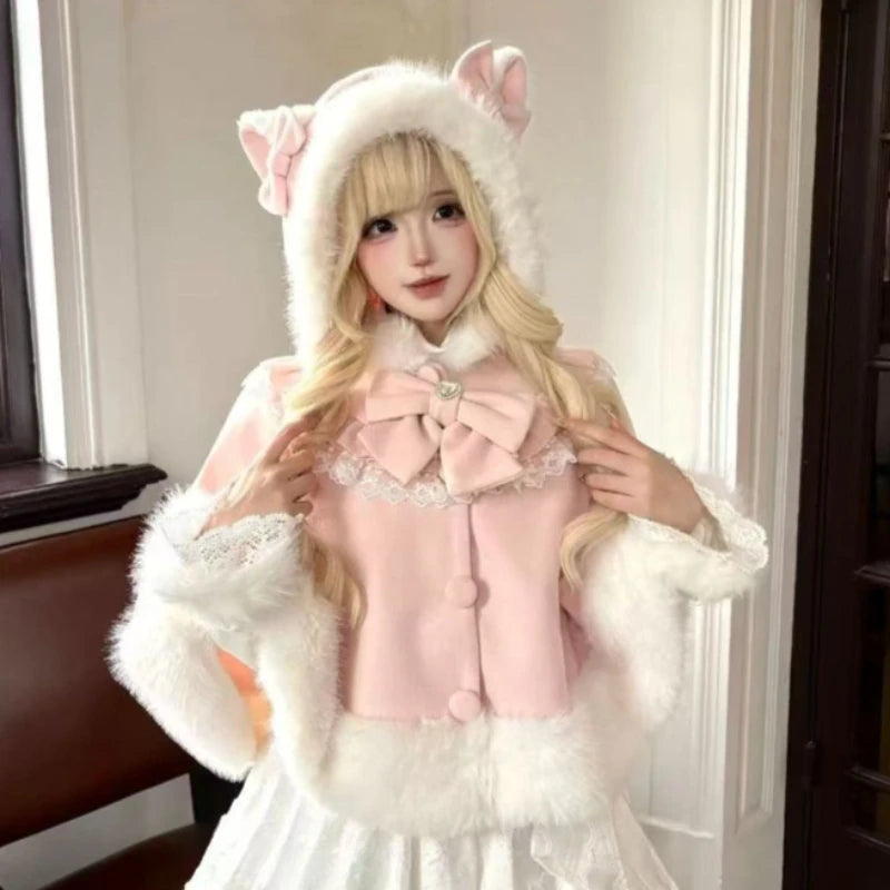 Women Autumn Winter Japanese Bow Ruffles Ponchos Lolita Style Sweet Kawaii Capes Coat Vintage Warm Comfy Outerwear Clothing