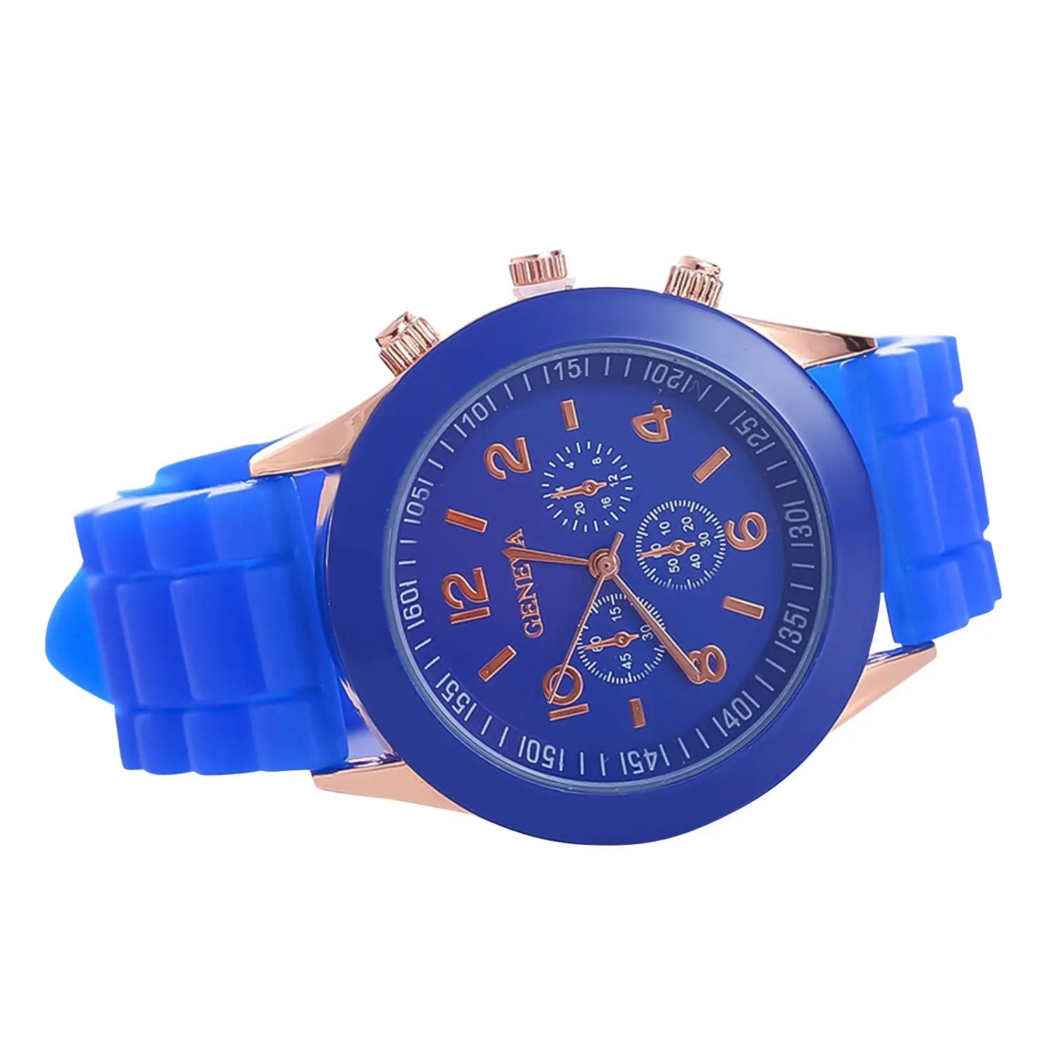 Blue genefa women silicone quartz chronograph watch with rose gold-tone case and matching silicone strap for fashion use