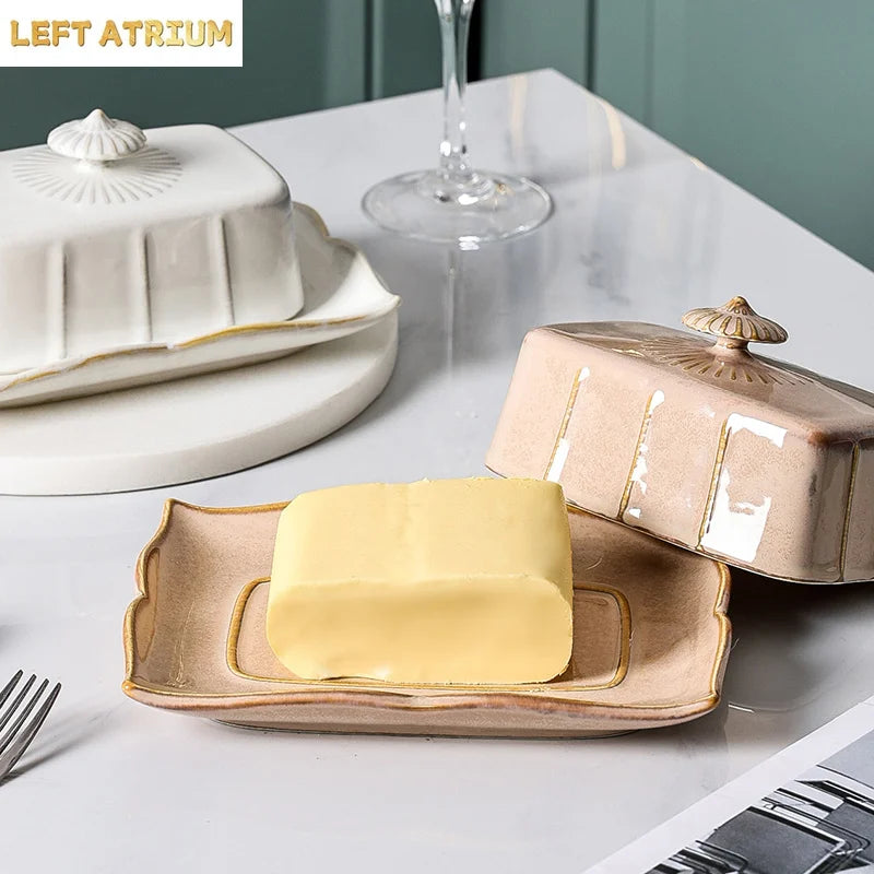 Ceramics Tableware Butter Box with Lid Butter Dish Cheese Plate Dinner Plate Baking Butter Pan Dim Sum Dish Cake Pan Snack Tray