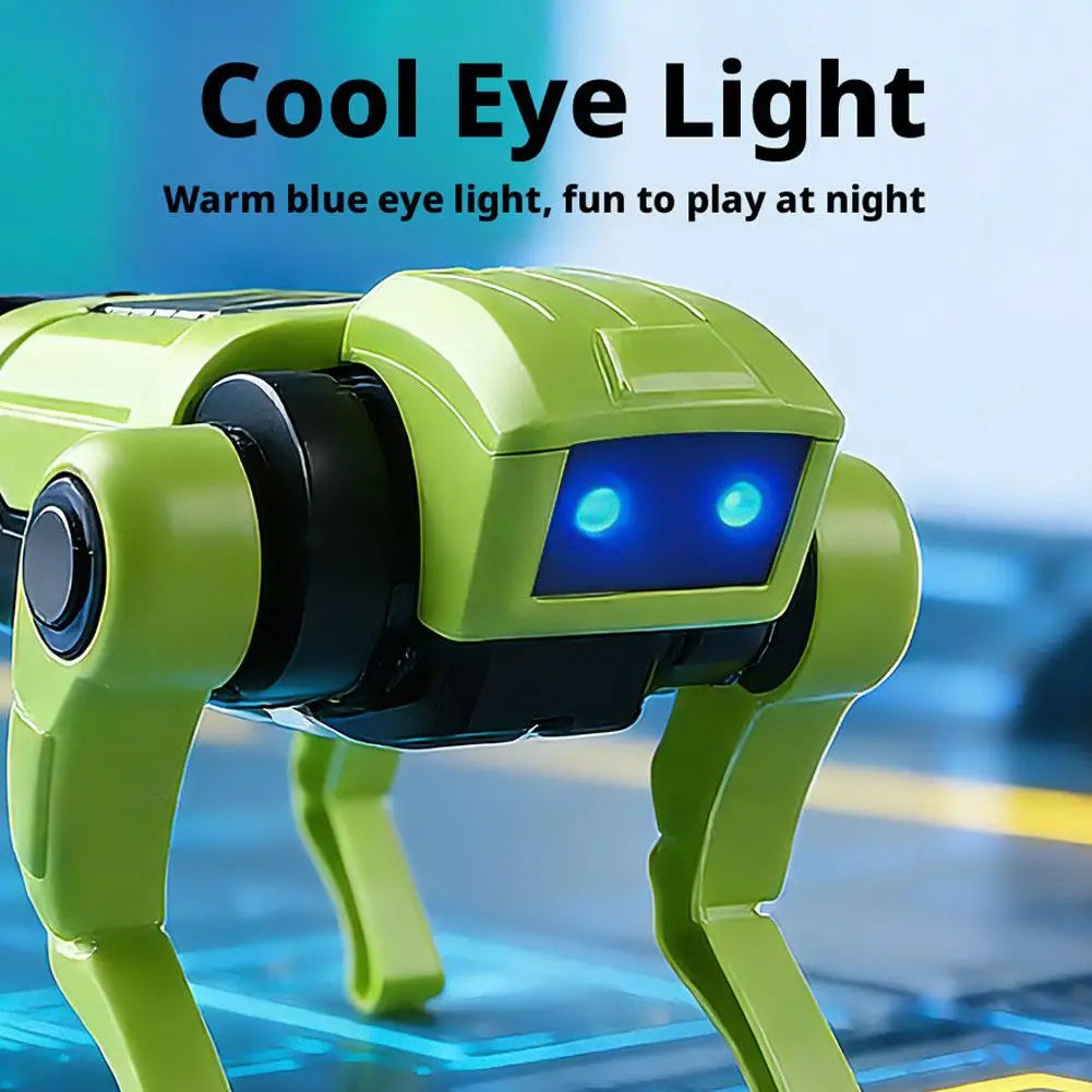A lime green robotic dog toy with glowing blue eyes and black joint accents designed as a diy walking mechanical pet.