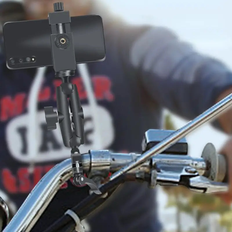 Soporte negro para teléfono de motocicleta en el manillar, con soporte de smartphone y abrazadera ajustable, mecanismo de tornillo, fijado a los manillares de la motocicleta