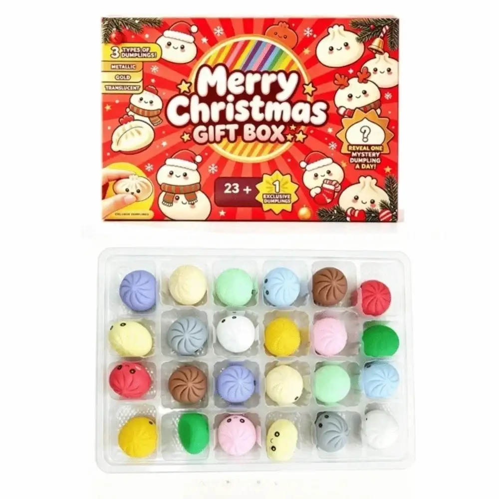 A festive red and yellow merry christmas gift box containing 23 colorful dumpling stress balls in a christmas dumpling advent calendar