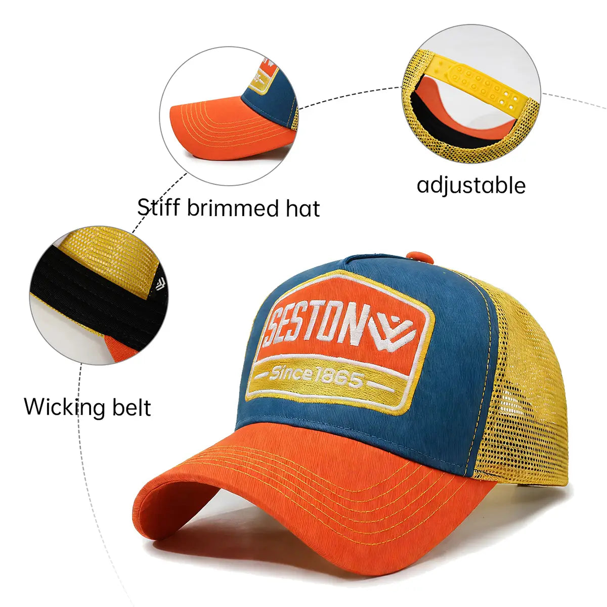 Vibrant orange blue and yellow trucker hat featuring a bold beston since 1865 logo patch ideal for casual wear.