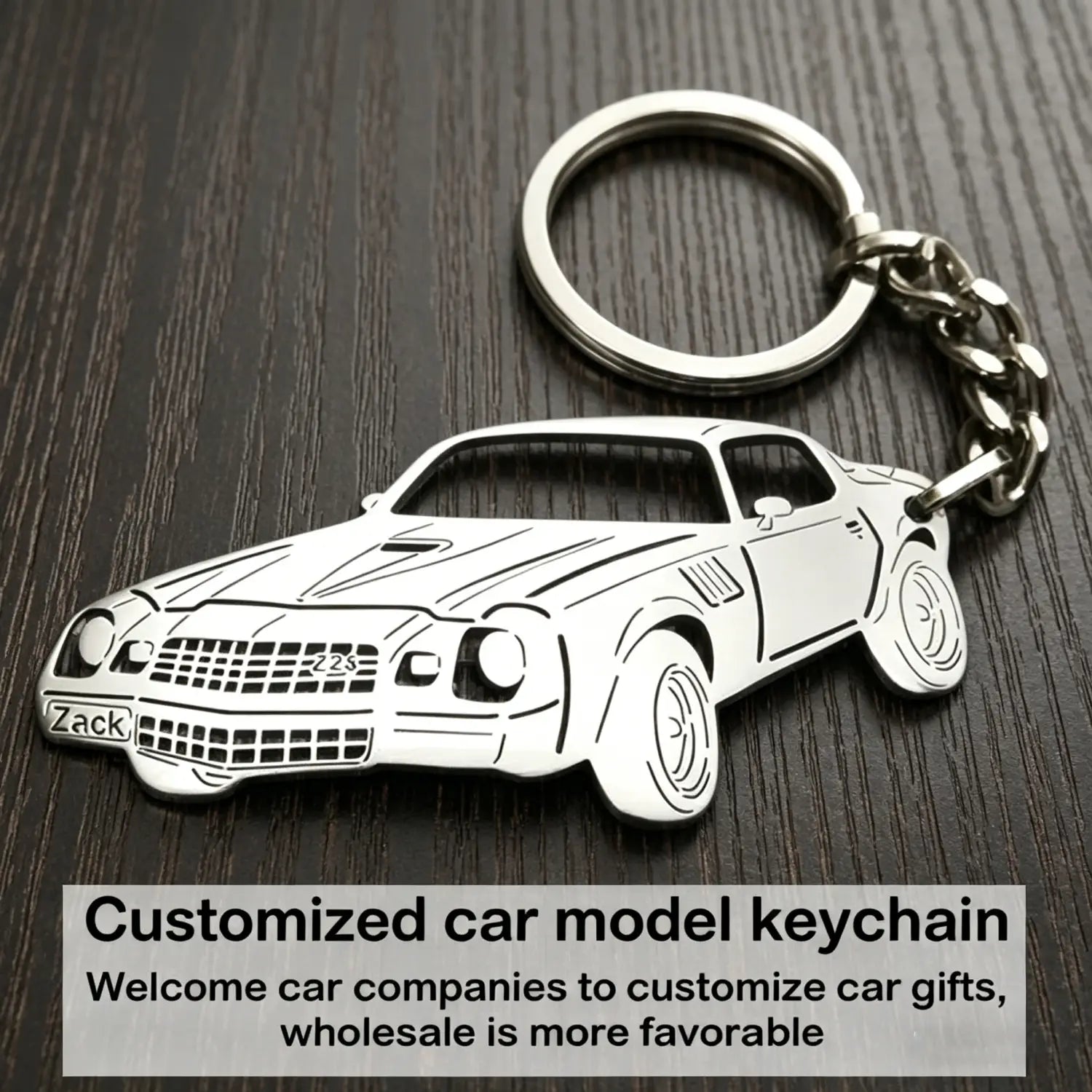 Silver metallic custom car model keychain with zack engraved on the front bumper personalized vehicle key pendant