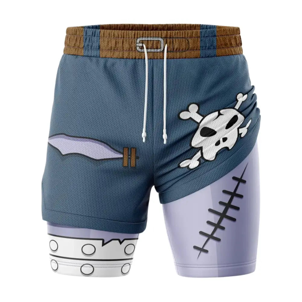 pantalones cortos de gimnasia bicolor azul y lavanda Digimon Bandai Weregarurumon con un diseño temático de piratas con calavera, costura cosida y gráfico de cuchillo.