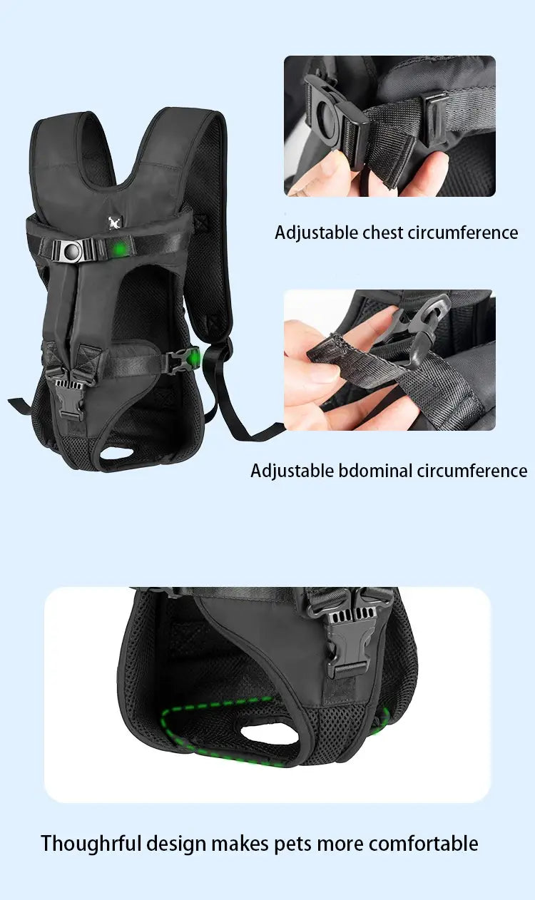 Sac à dos porte-animaux noir réglable pour petits chiens et chats avec détails d’accentuation verts et panneaux en maille respirante