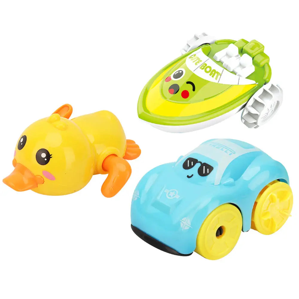 Gelbes Kunststoff-Uhrwerks-Entenbadspielzeug mit orangefarbenen Füßen und einem lächelnden Schnabelgesicht, ausgelegt für das Spielen im Wasser für Kleinkinder.