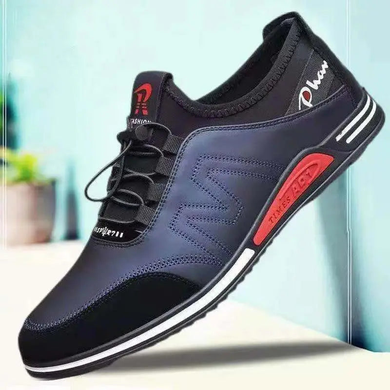 Men casual leather sneakers lightweight non slip shoes in black and navy blue with red accents featuring a mesh upper and white rubber sole.