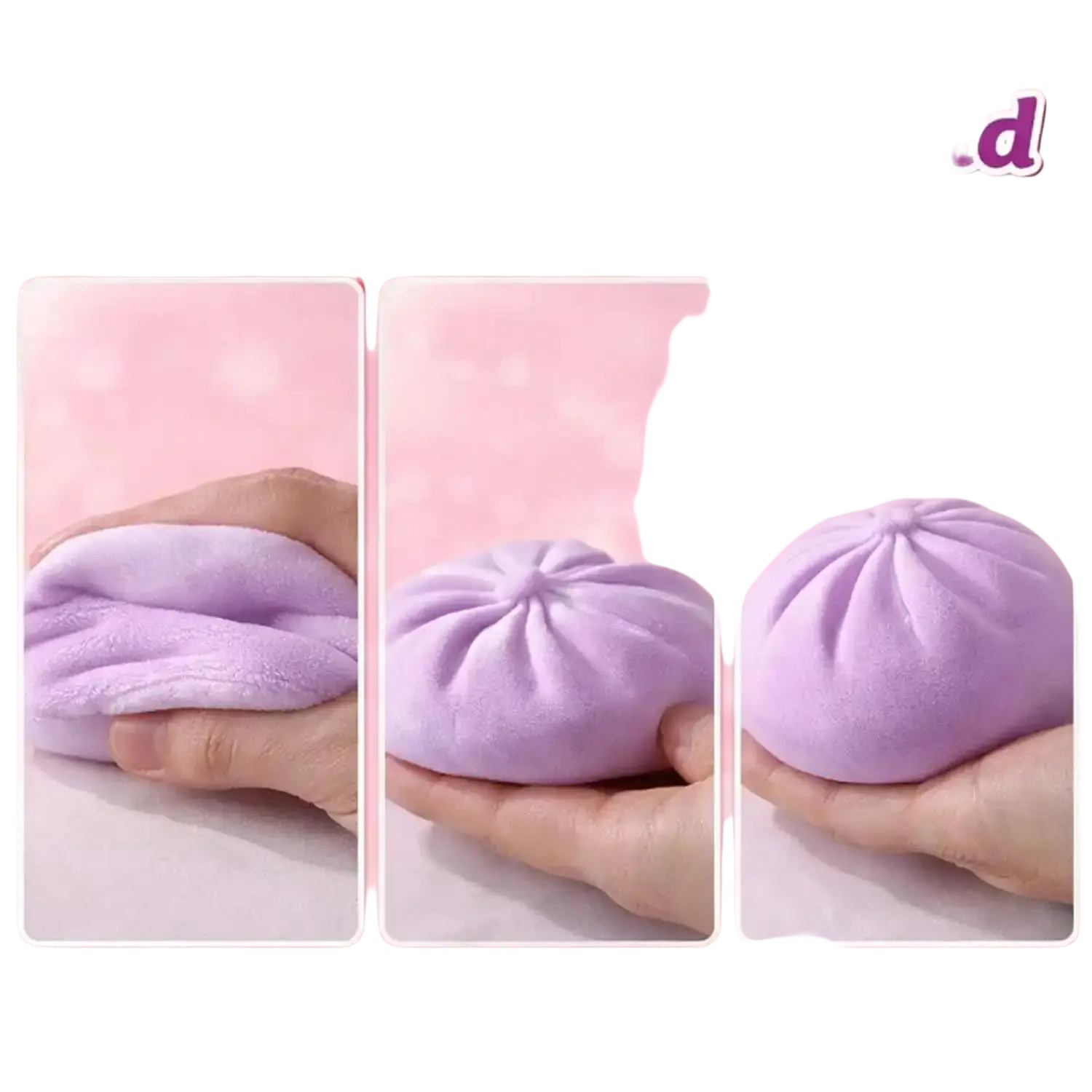 une balle anti-stress souple de couleur lavande, en forme de dumpling, au relief texturé et au haut froncé, vue de face