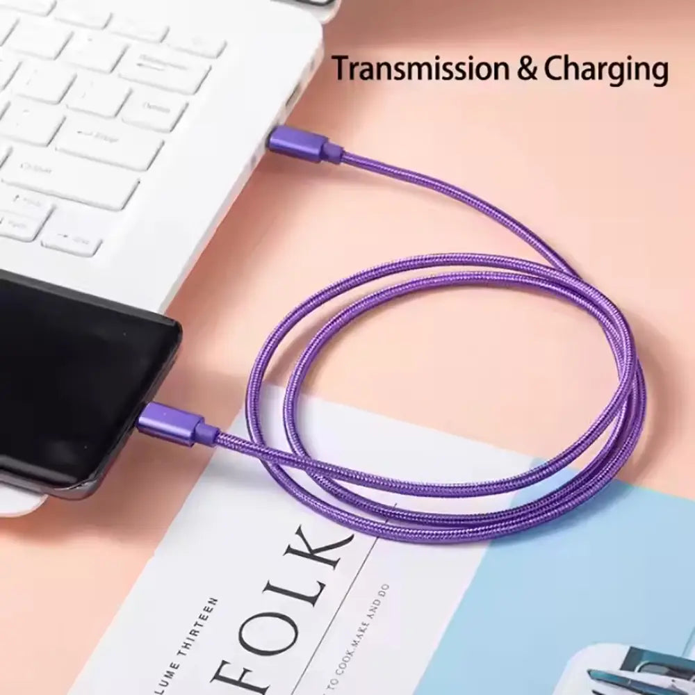 Purple braided USB-C fast charging cable with purple connectors designed for durable and efficient device charging