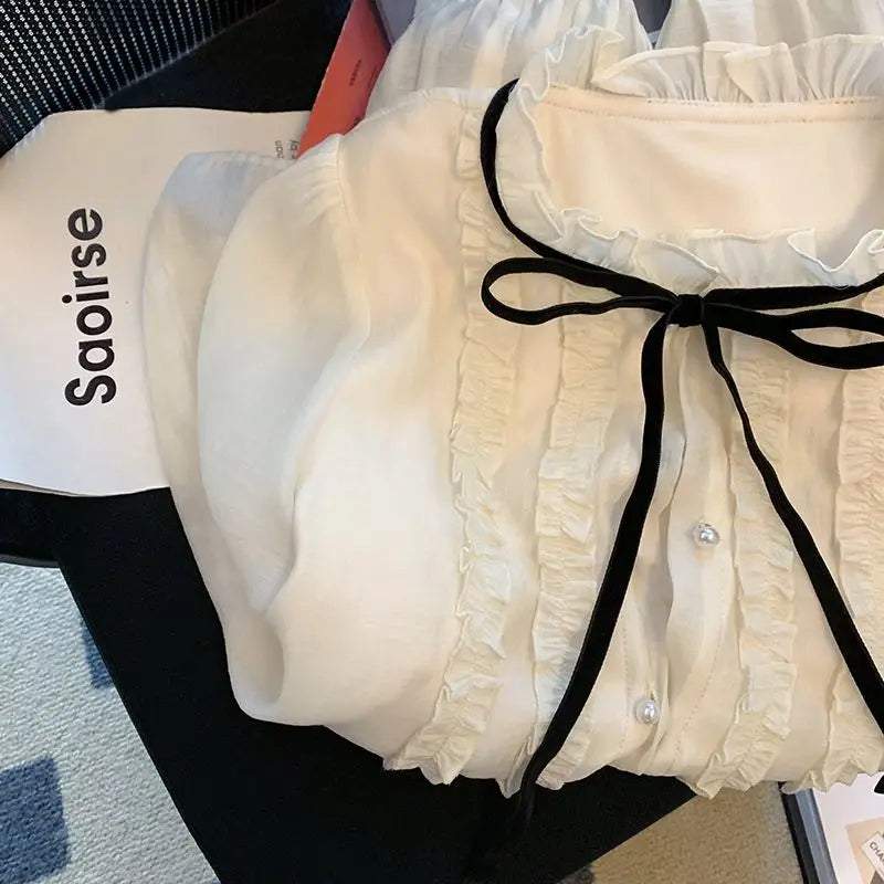 French Chic Design Shirts Lace Bow Tie Women Blouses High-end Spring Autumn Long Sleeve Tops Single-breasted Office Lady Shirt