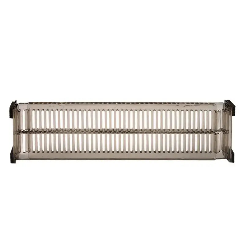 Silver metallic drawer partition with vertical slats and black end caps designed as an adjustable plastic storage divider.