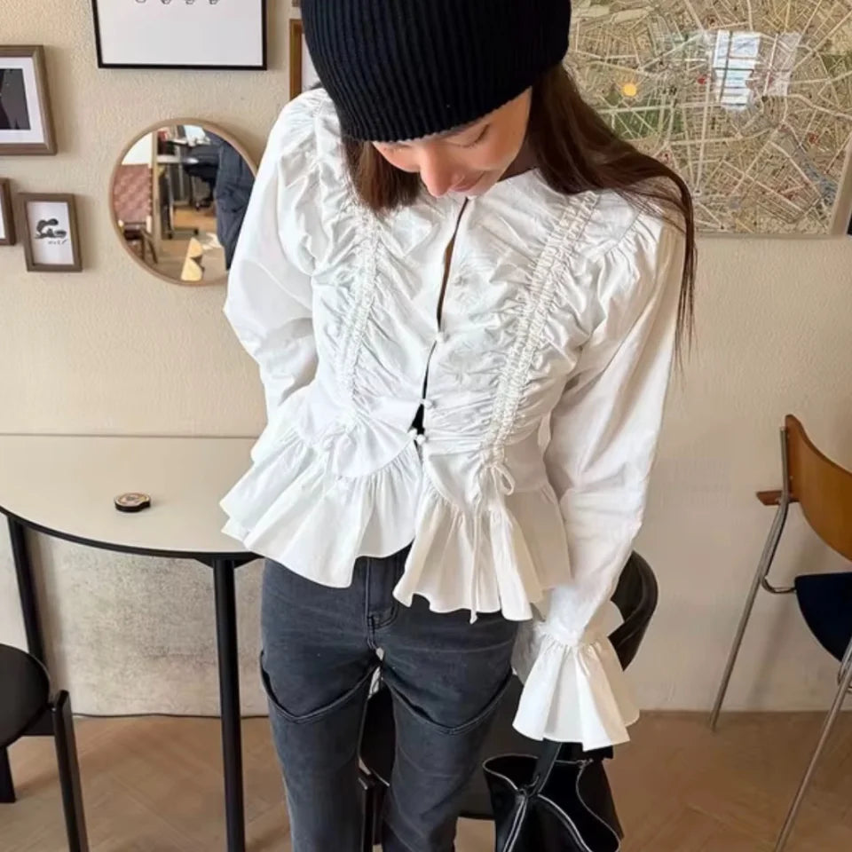 Women's Long Sleeve Pure Color Drawstring Bell Bottom Top Versatile T-Shirt Comfortable Breathable Polyester round Neck Design