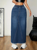 Women's Versatile Straight Leg Denim Skirt Casual Elastic Waistband Frayed Hem Stretchy Jeans Long Skirt