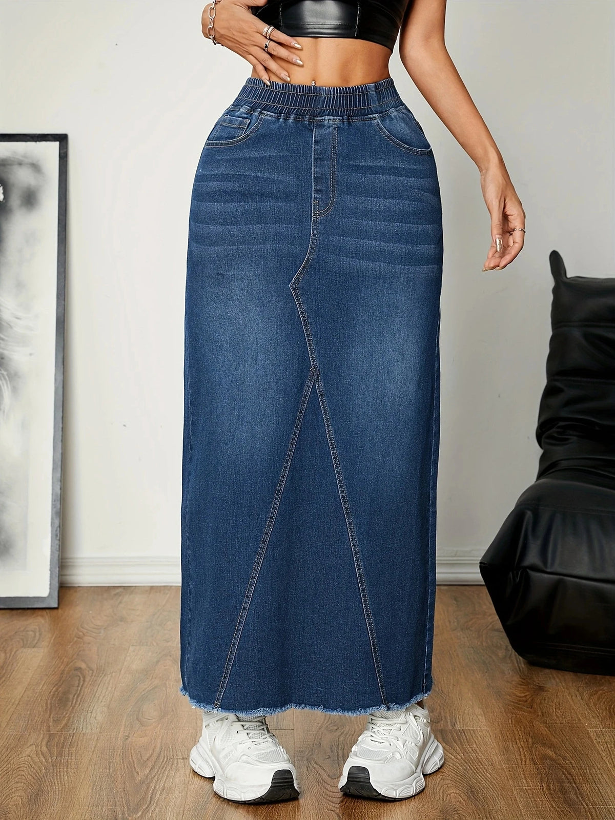 Women's Versatile Straight Leg Denim Skirt Casual Elastic Waistband Frayed Hem Stretchy Jeans Long Skirt