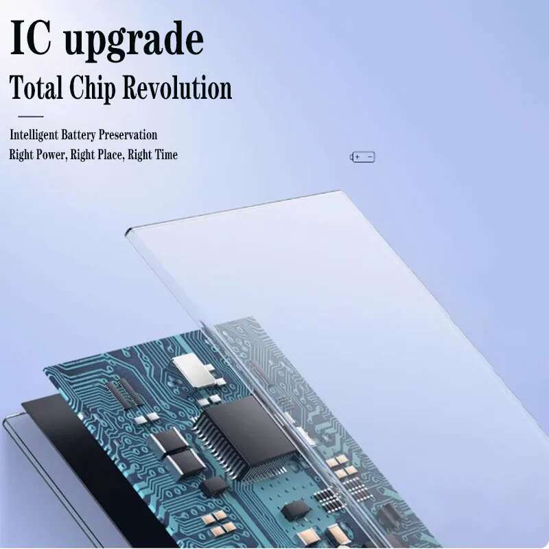 The back side of a sleek transparent smartphone panel revealing a blue circuit board and black integrated chips of the mobile phone battery bat-51585-103 for Blackberry Q5.