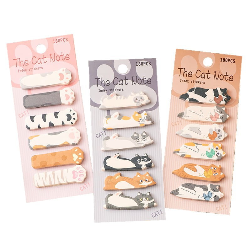 キャットメモパッド＆付箋セットでメモを整理するための、色鮮やかな猫をテーマにした粘着タブ180枚を収めた、猫ノート インデックスシール3パック。