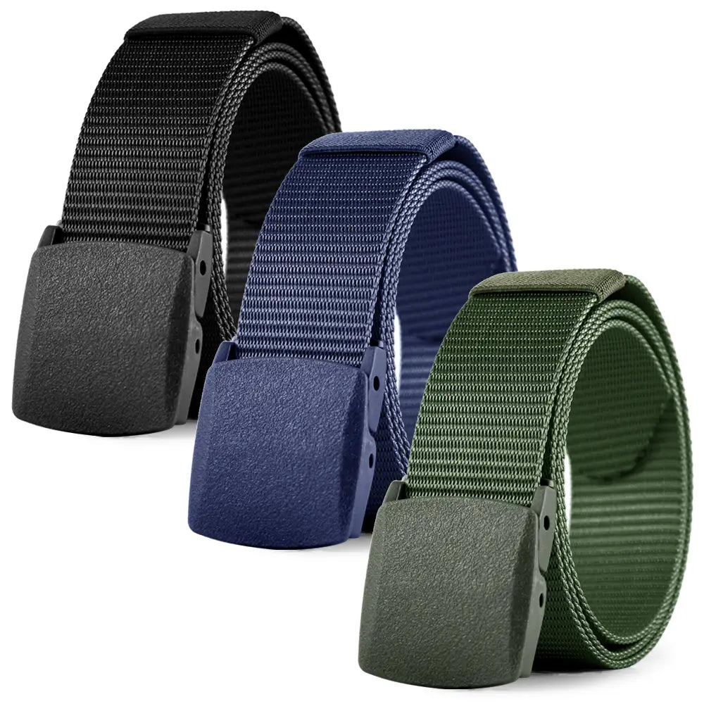 Three tactical nylon belts with matte buckles in black navy blue and olive green featuring textured straps designed for men outdoor use.