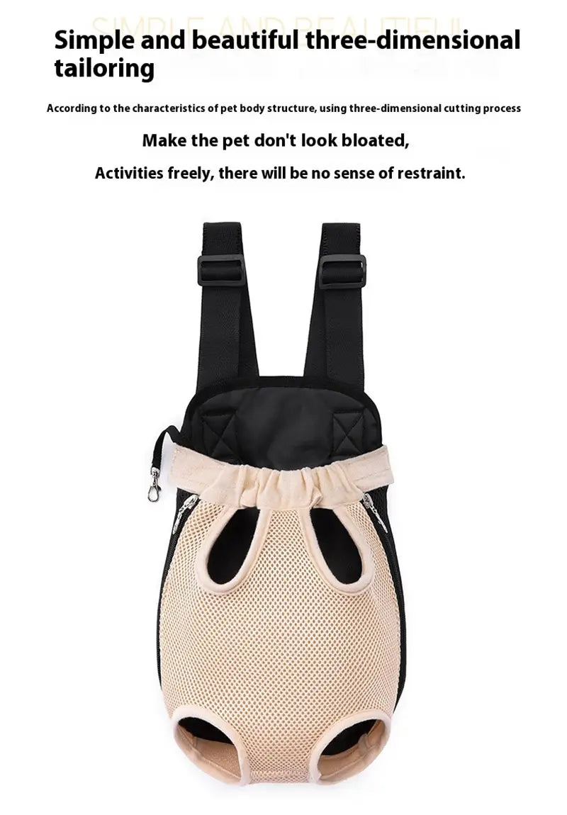 mochila transportadora para perro en color negro y beige con tejido de malla frontal, correas ajustables y cierre con cordón, diseñada como transportín para mascotas pequeñas.