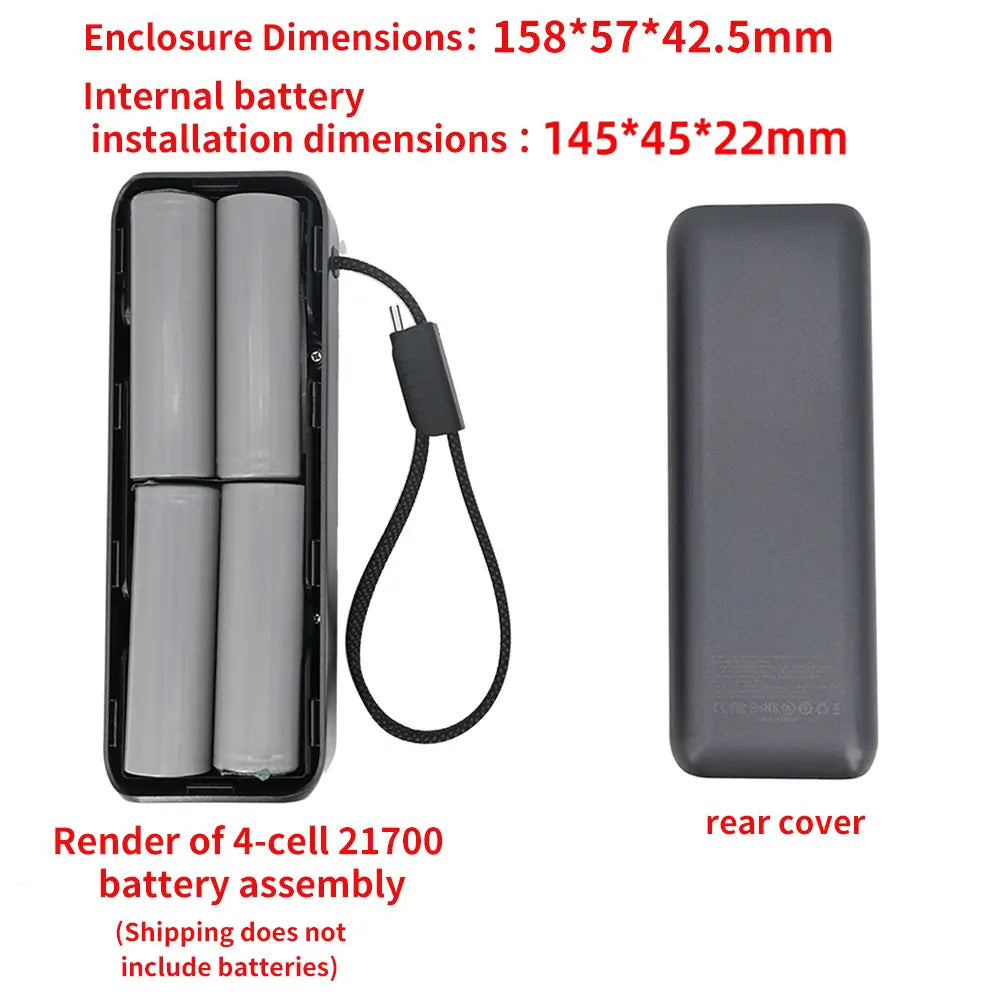 Schwarzer rechteckiger mobiler Akkuladegerät mit Handgelenkriemen und vier zylindrischen 21700-Batterien im Inneren für den PD-100-W-Schnelllade-Powerbank-DIY-Bausatz