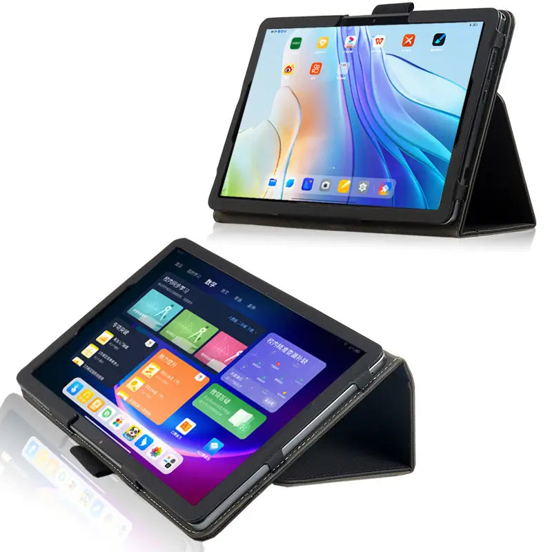 black leather-style acer iconia tab p10 case with built-in stand supporting two different tablets in use