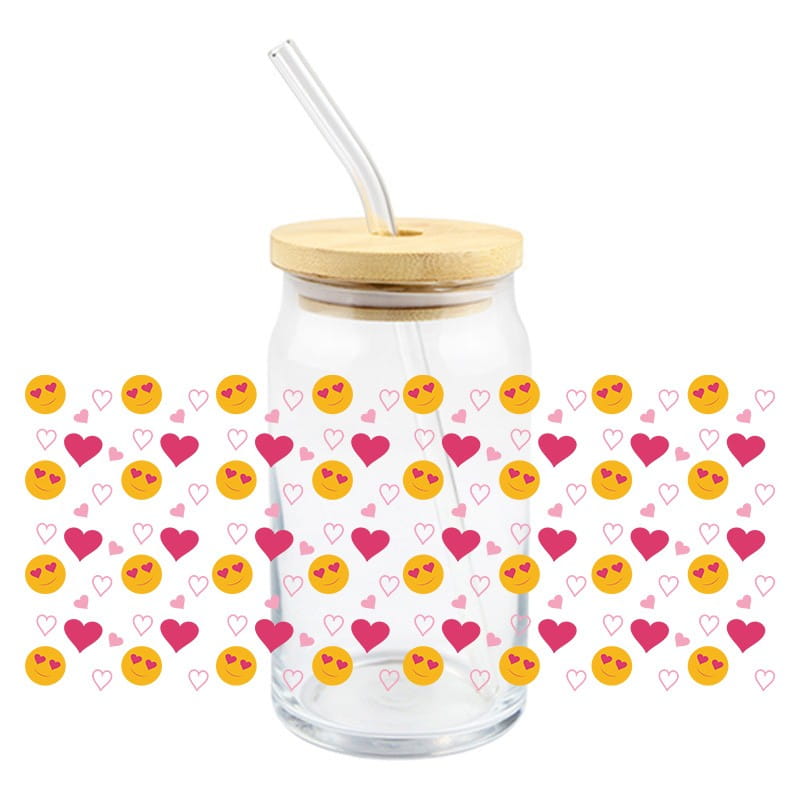 Verre à boire transparent sans pied, avec couvercle en bambou et paille transparente, avec une étiquette autocollante d’enveloppement pour gobelet UV DTF de la Saint-Valentin, pour un gobelet de 16 oz.