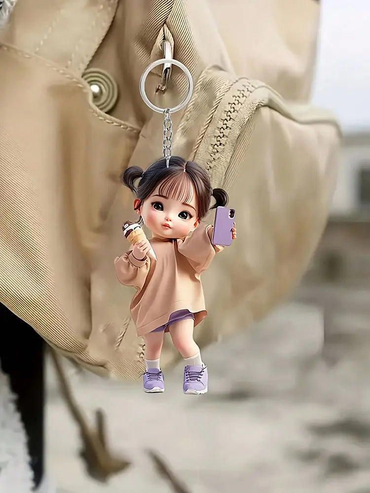Cute acrylic girl keychain cartoon pendant featuring a beige outfit doll with pigtails holding an ice cream cone and a purple phone.