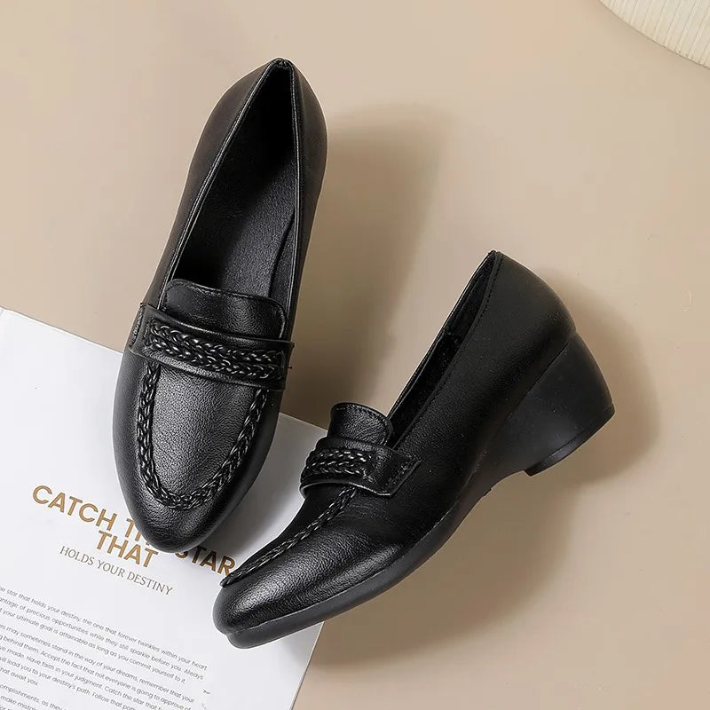 Wedge Loafers for Women Vintage Braided Leather Shoes Elegant Round Toe Pumps Office Lady Work Footwear Casual Slip-on Shoes
