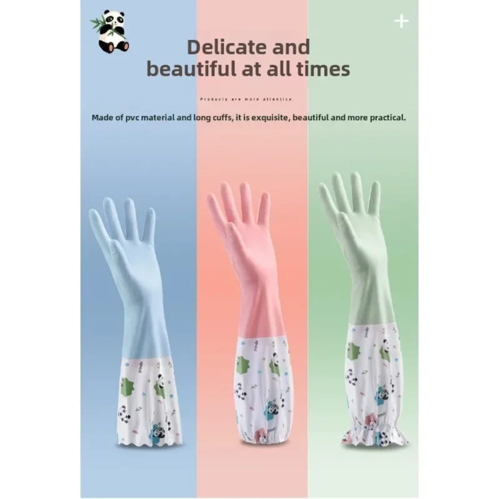 pastel-colored waterproof cleaning gloves made of pvc with long cuffs and panda-patterned fabric accents shown from the back side