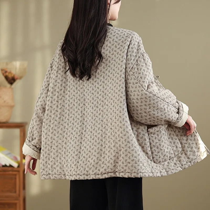 Women Casual Padded Jackets New Arrival 2024 Autumn Winter Vintage Style O-neck Print Female Thick Warm Quilted Coats B2069