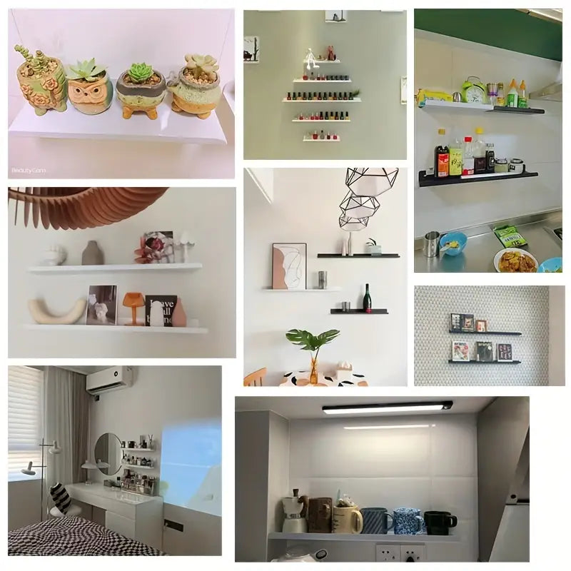 El estante flotante de aluminio negro mate montado en la pared es un estante de tipo montado en pared mostrado en diversas estancias para colocar suculentas, botellas y objetos decorativos.