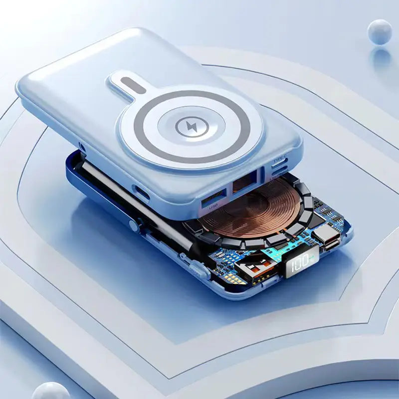 Heller blauer kabelloser Magnet-Akkupack mit 10000 mAh Schnellladefunktion, mit sichtbarer interner Schaltkreisanordnung und Kupferspule.