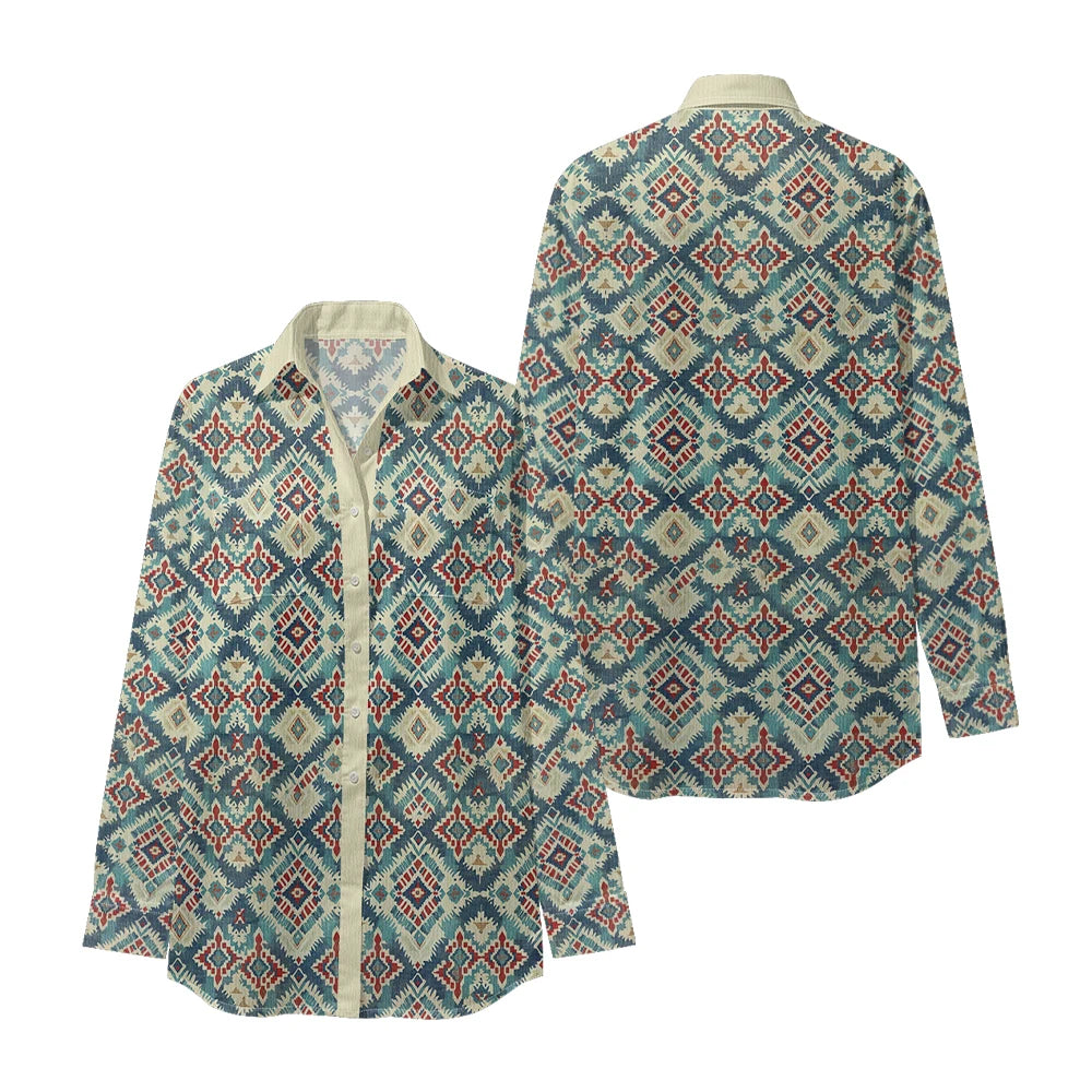 Ethnic-Inspired Long-Sleeve Women Shirt with Aztec Geometric Pattern Printed Front 2 Pockets Button-Up Retro Tribal Casual Style
