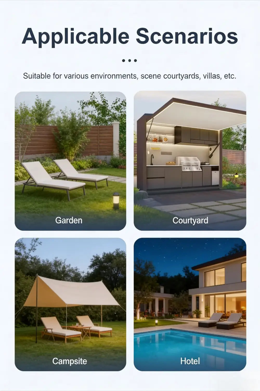the modular kitchen outdoor cabinet set features versatile configurations in garden lounge, illuminated courtyard kitchen, beige canopy campsite, and hotel poolside settings showcasing durable outdoor cabinet solutions and excellent customer service.