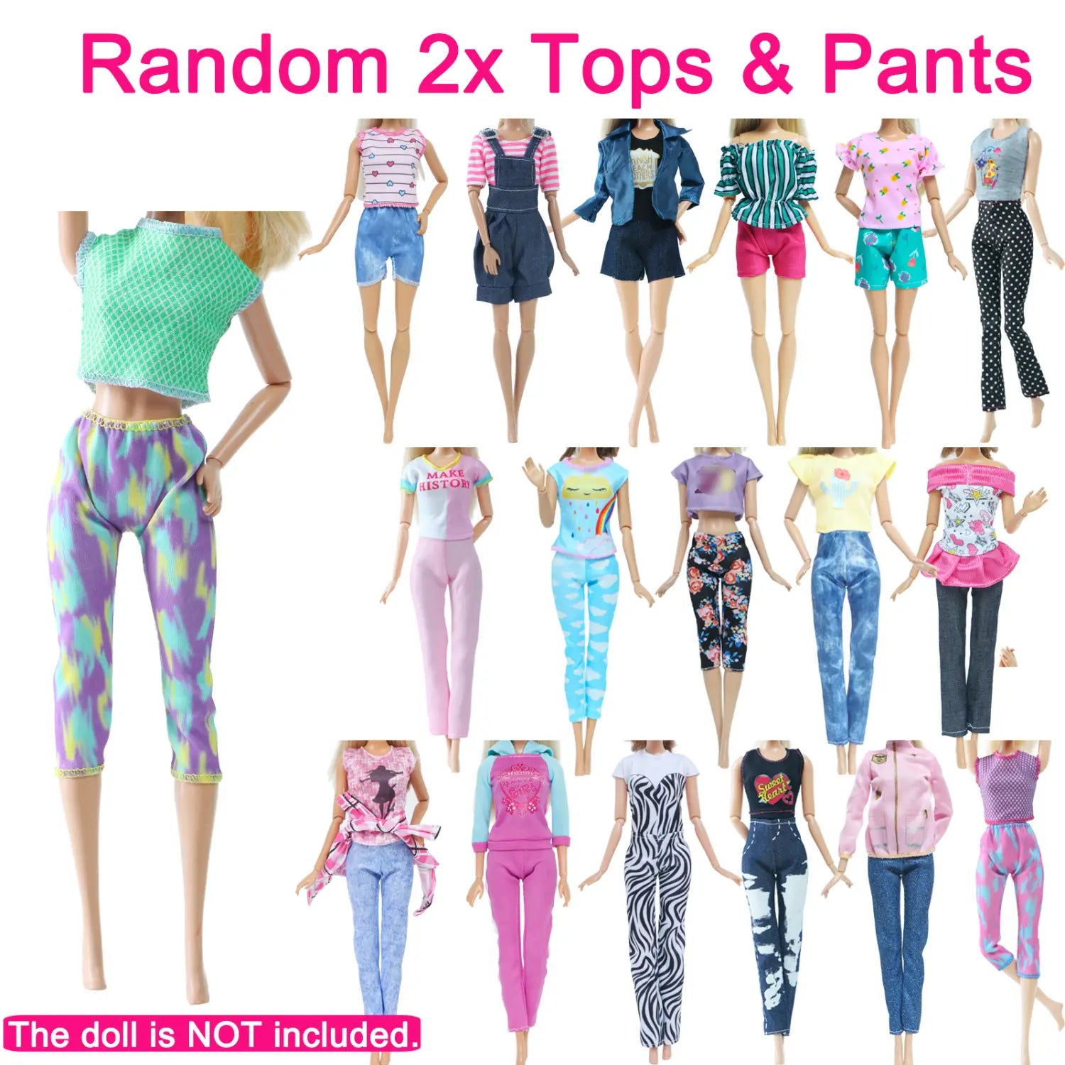 A barbie doll wearing a green mesh crop top and purple blue and yellow tie-dye capri pants from the doll accessories set 50 piece fashion outfit collection.