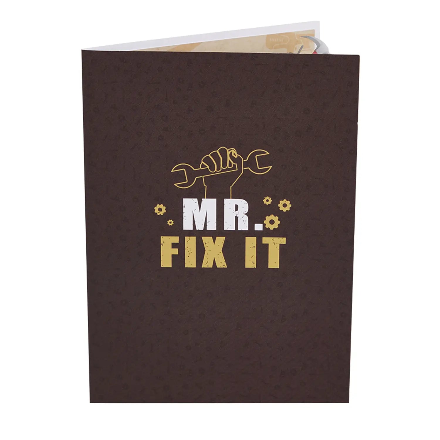 Dark brown pop-up Father’s Day toolbox 3d greeting card featuring a gold-outlined hand holding a wrench above the text mr.