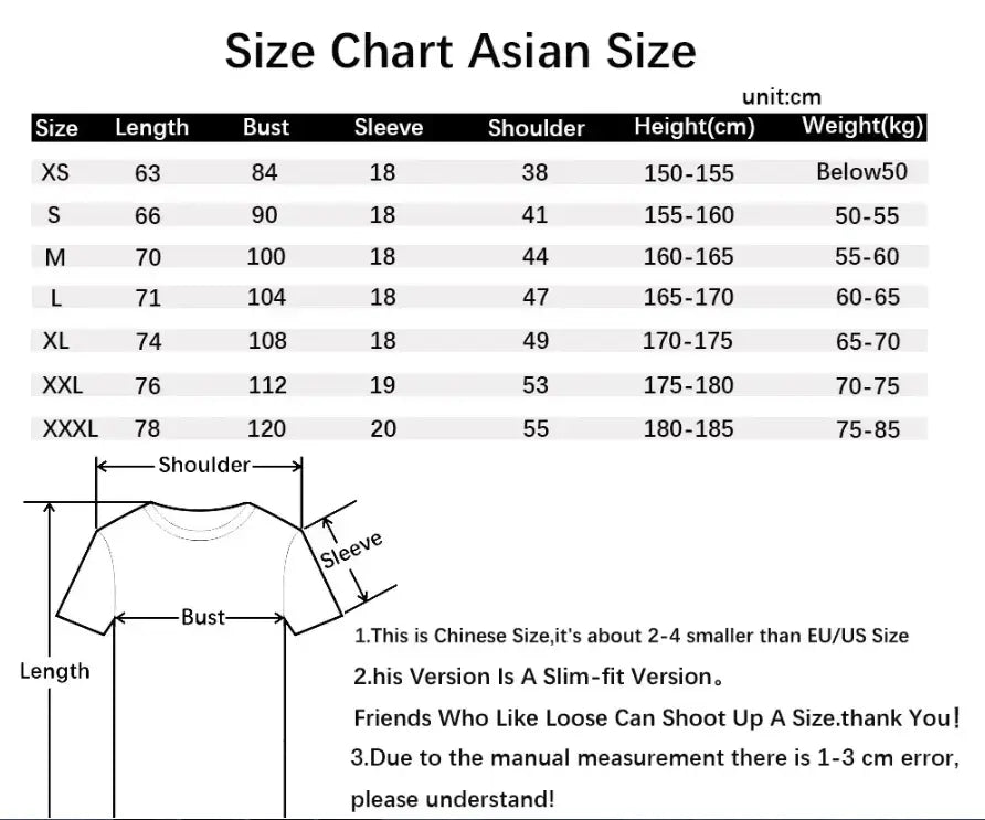 Asiatische Größen-T-Shirt-Größentabelle mit Maßangaben in Zentimetern für T-Shirts mit Cartoon-Katzenmotiv aus Baumwolle, oversized, in den Größen XS bis XXXL.