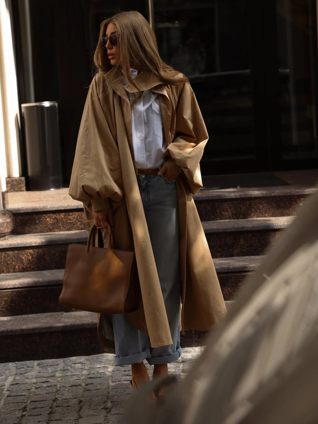 Solid Commute Women's Trench Coat Ovesized Puff Sleeve Single Breasted Long Jacket Lapel Side Slit 2026 New Autumn Lady Outwear
