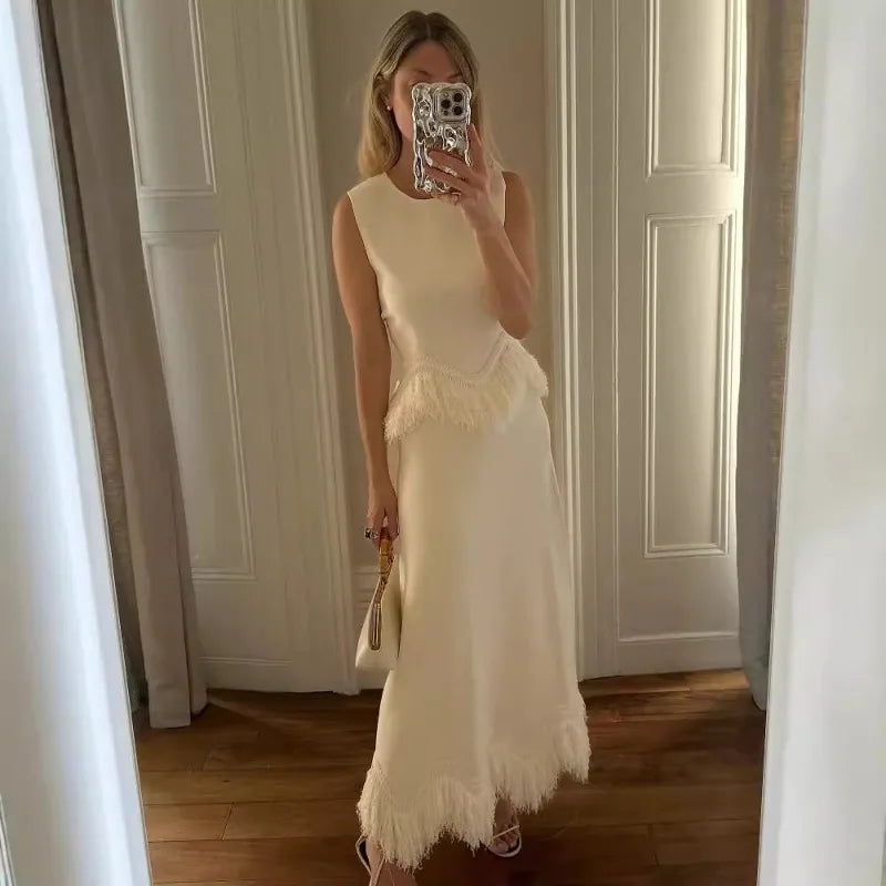 Autumn Winter Women Party Two Piece Set Elegant INS Tassel Shirt Top + Maxi Skirt Suit 2026 Celebrity Guest Evening Outfits